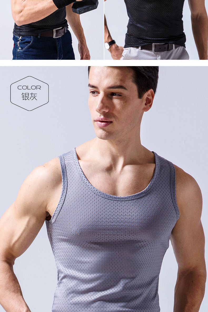 Ice Silk Mesh Vest Men's Summer Hollow Mesh Men's Sweatshirt Fitness Sports Thin Large Size Sleeveless T-shirt Trendy