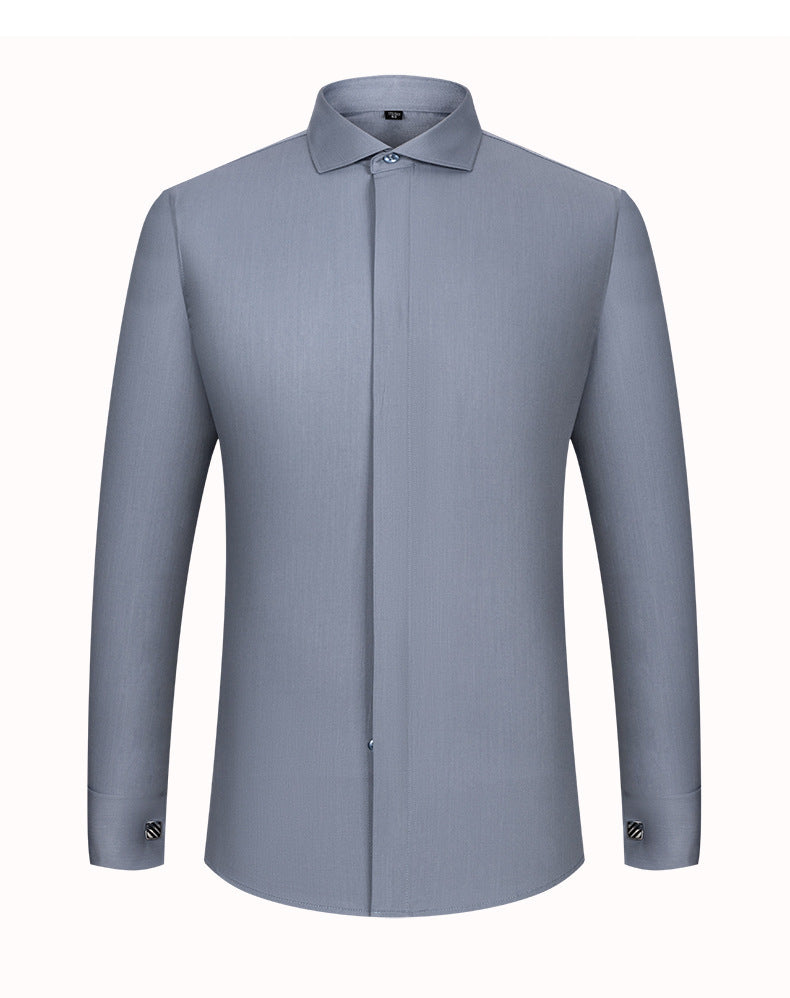 Men's French Cufflinks Shirt Men's Long-sleeved Windsor Collar Buckle Bamboo Fiber Double Stacked Sleeve Business Dress White Shirt
