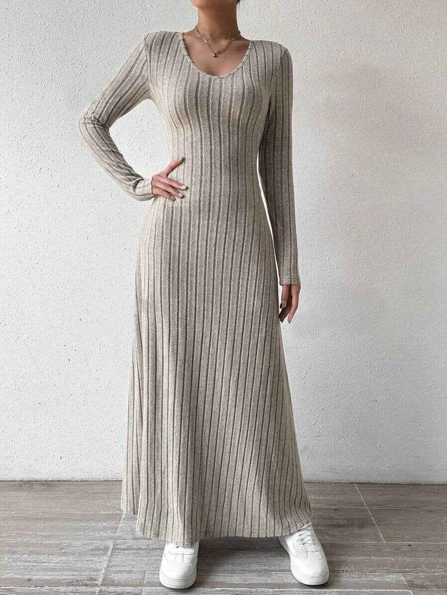 European and American Cross-Border Amazon Dress Slim Fashion Women's Knitted Pure Color Long-Sleeved A-Line Street Long Skirt for Women