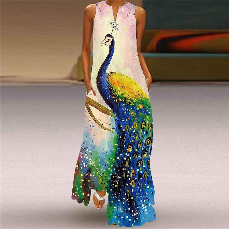 2026 Summer Independent Brand New European and American Retro Print Long Dress V-Neck Multi-Color Long Sexy Sleeveless Dress