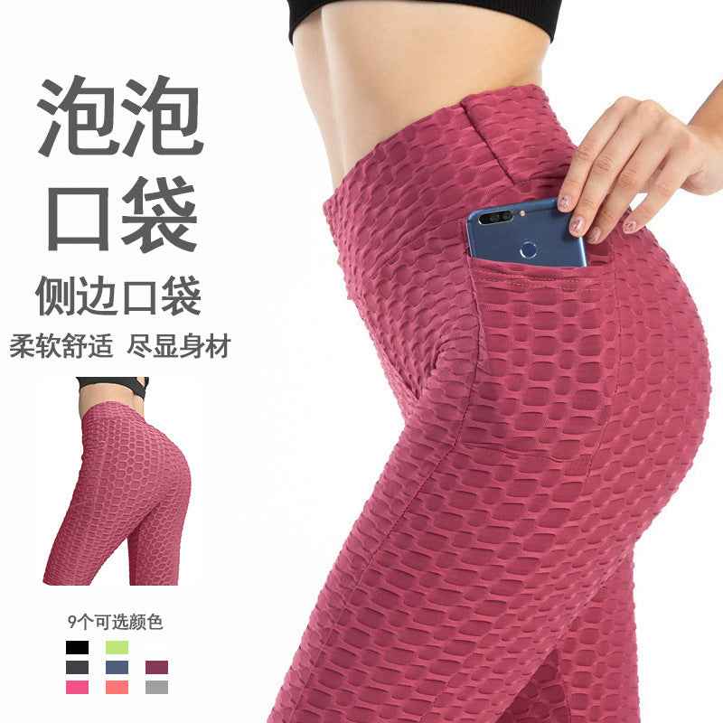 Amazon European and American Leggings Peach Fitness Pants High Waist Hip Leggings Pocket Jacquard Bubble Yoga Pants