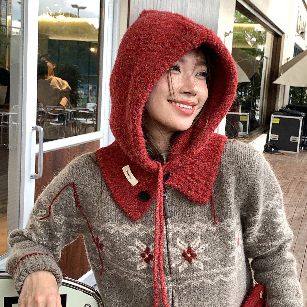 Balaclava Hat New Women's Winter Face-Show Small Ear Protection Neck Integrated Warm Knitted Roll Wool Hat