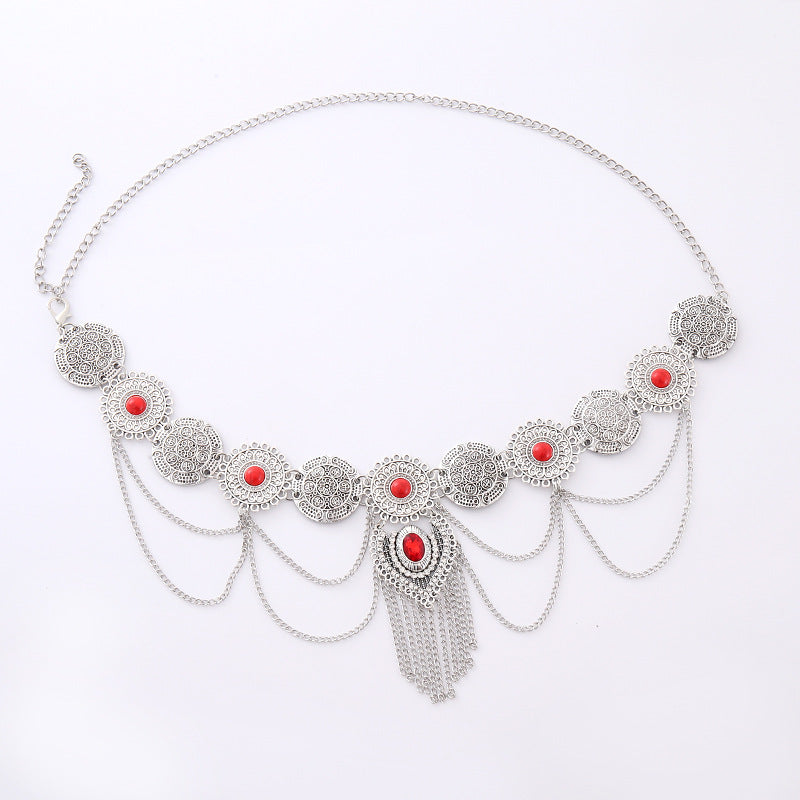 European and American Sexy Waist Decoration Ethnic Style Inlaid Turquoise Pendant Waist Chain Bohemian Alloy Coin Tassel Body Chain