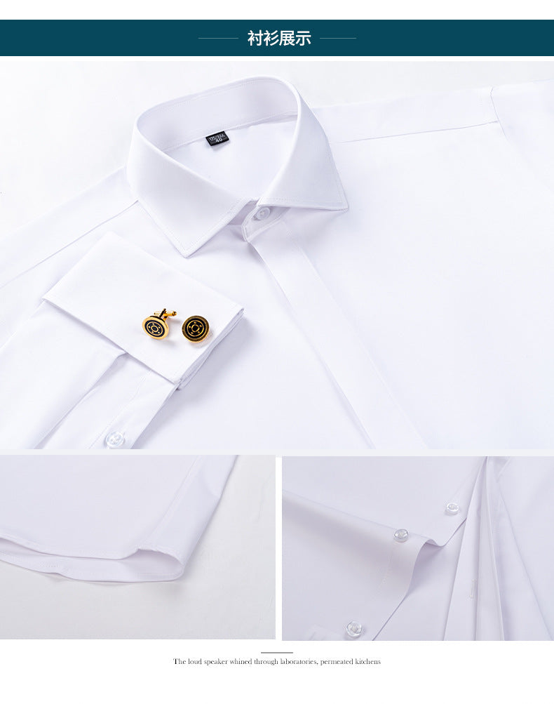 Men's French Cufflinks Shirt Men's Long-sleeved Windsor Collar Buckle Bamboo Fiber Double Stacked Sleeve Business Dress White Shirt