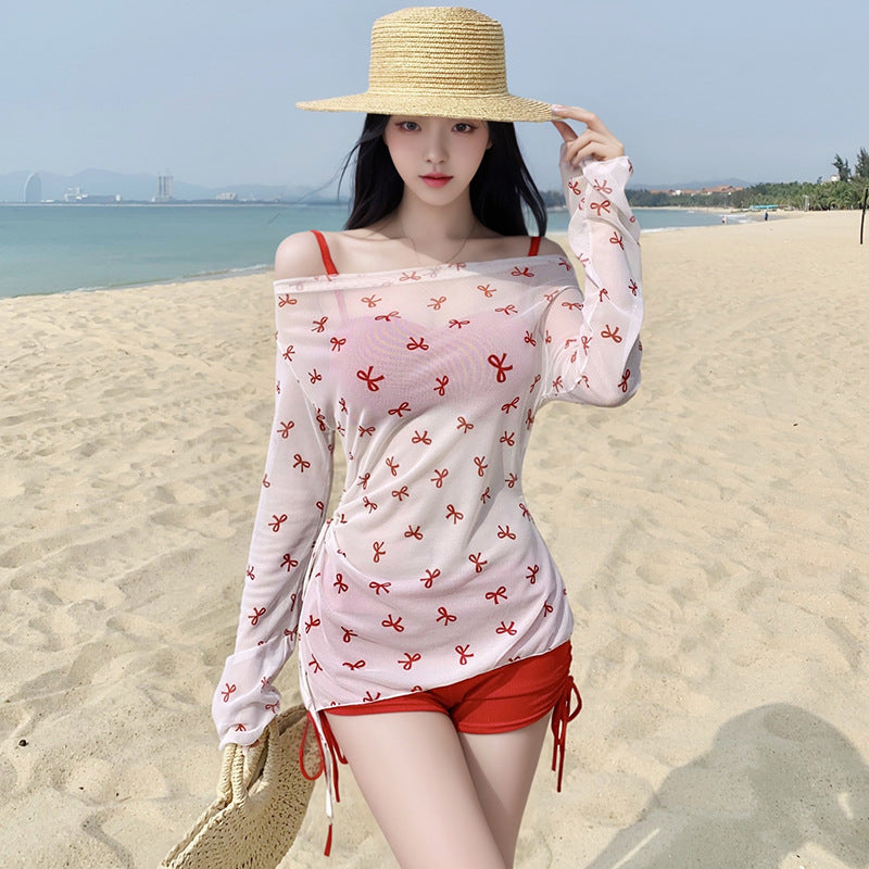 2025 New Swimwear Women's Sexy Pure Desire Spice Girl Elegant Long Sleeve Hanging Neck Blouse Bikini Split Strap Gather