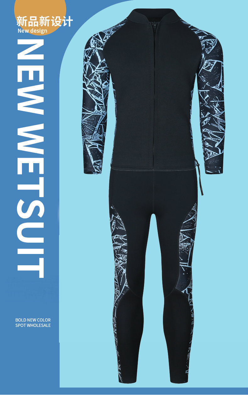 3mm Couple's Diving Wetsuit for Women, Two-Piece Long-Sleeve and Long Pants, Warm, Cold-Proof, Sun-Protective, Wet-Style Surfing, Snorkeling, and Swimming Suit