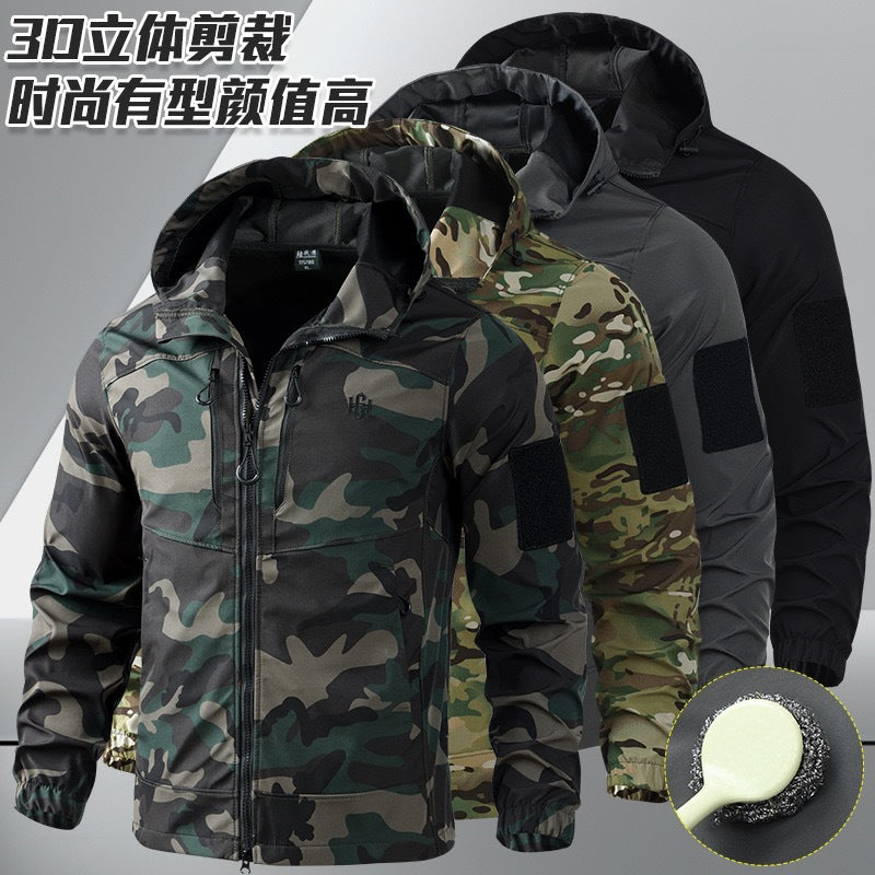 Outdoor assault clothing overalls suit men's spring and autumn elastic tooling labor protection clothing wear-resistant camouflage clothing hooded training clothing