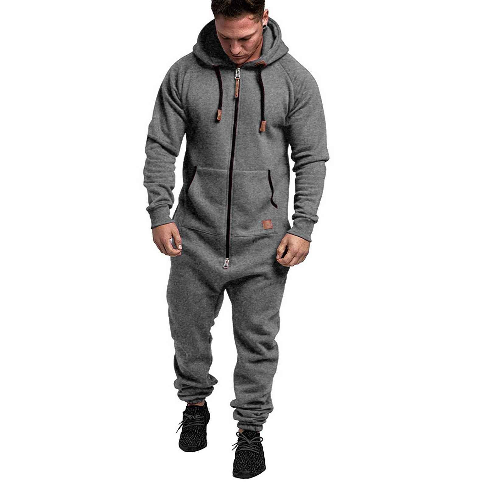 In-Stock New Foreign Trade Men's Hooded Fleece Jumpsuit Solid Color Casual Men's Suit Jumpsuit