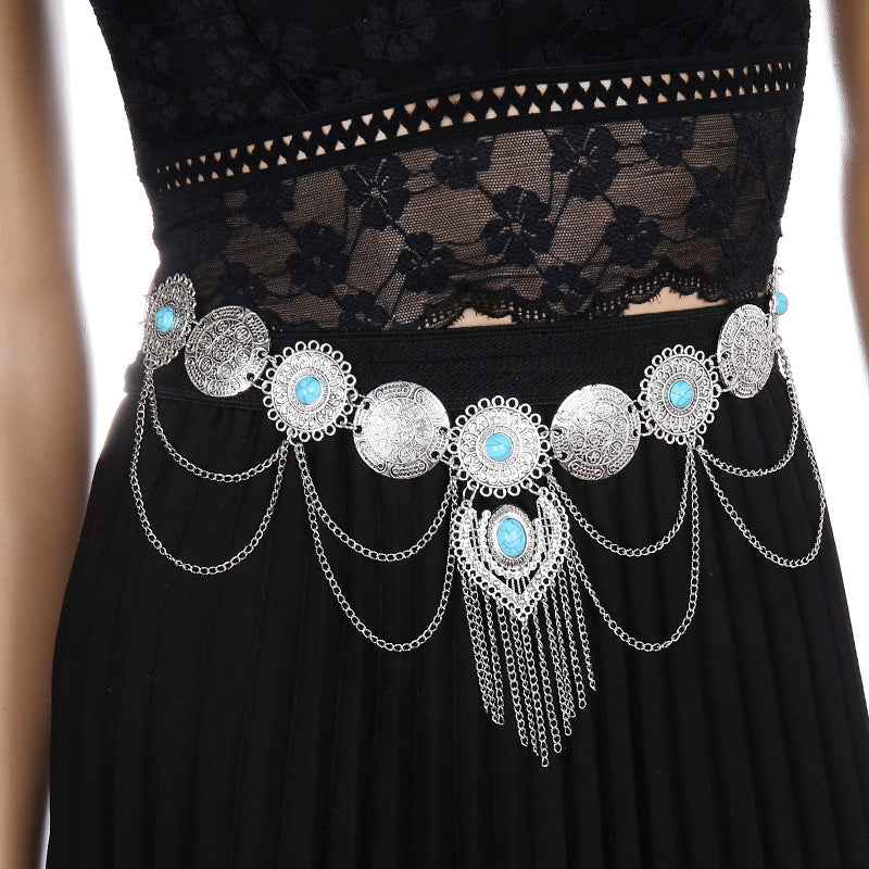European and American Sexy Waist Decoration Ethnic Style Inlaid Turquoise Pendant Waist Chain Bohemian Alloy Coin Tassel Body Chain