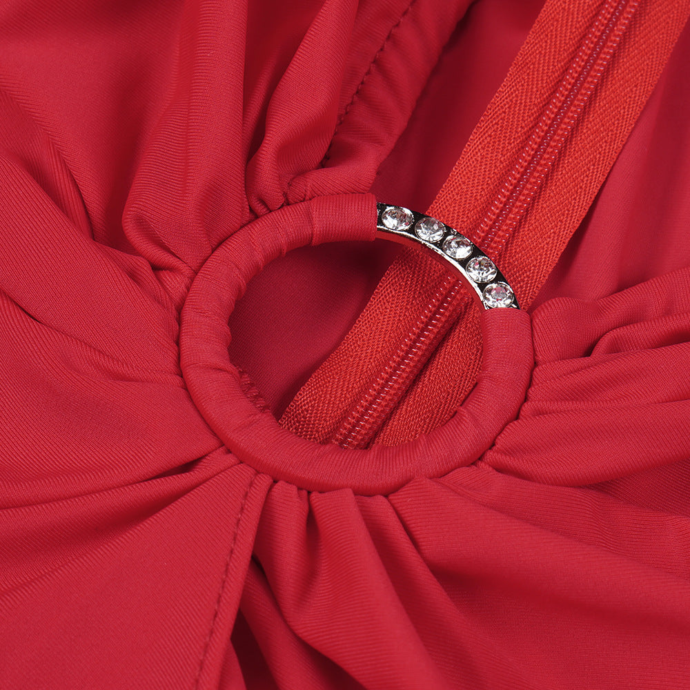 In Stock | New Cross-Border Long-Sleeve Ring-Neck European and American Women's Fashion V-Neck White and Red Long High-End Dress Wholesale.