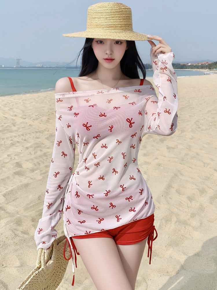 2025 New Swimwear Women's Sexy Pure Desire Spice Girl Elegant Long Sleeve Hanging Neck Blouse Bikini Split Strap Gather