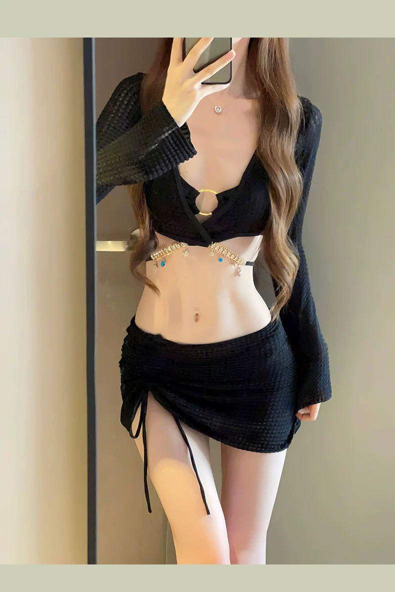 2025 New High-End Swimsuit Women's Split Bikini Four-Piece Bikini Sexy Long-Sleeved Sun Protection Hot Spring