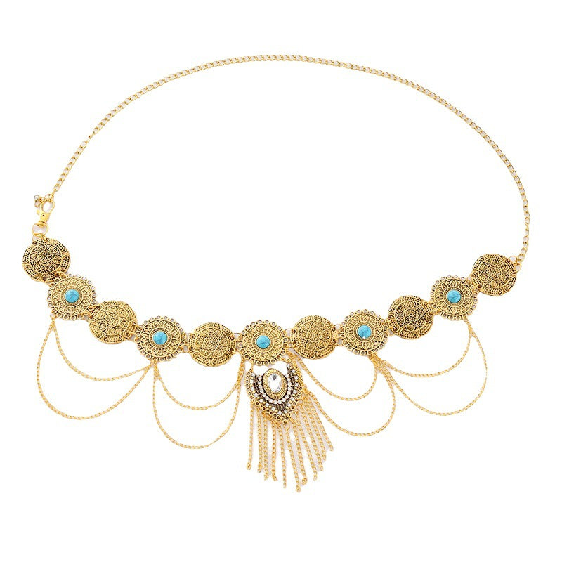 European and American Sexy Waist Decoration Ethnic Style Inlaid Turquoise Pendant Waist Chain Bohemian Alloy Coin Tassel Body Chain