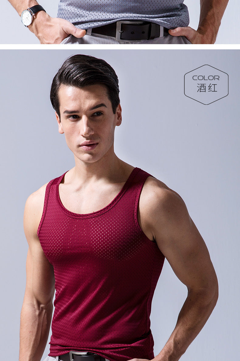 Ice Silk Mesh Vest Men's Summer Hollow Mesh Men's Sweatshirt Fitness Sports Thin Large Size Sleeveless T-shirt Trendy