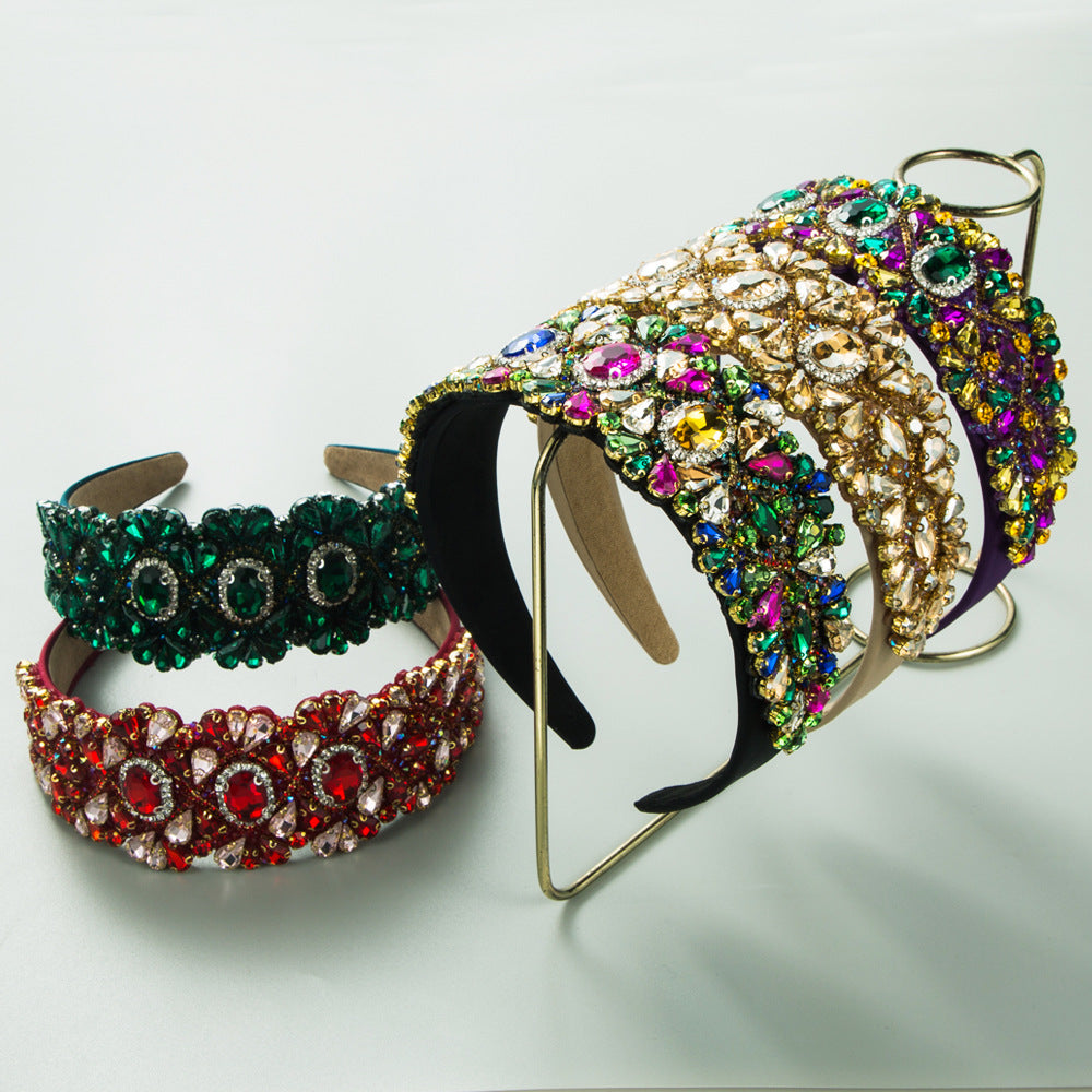 European and American Fashion New Baroque Hair Hoop Wide-brimmed Color Full Diamond Hoop Cross-border High-end Feeling Banquet Elegant Hair Accessories