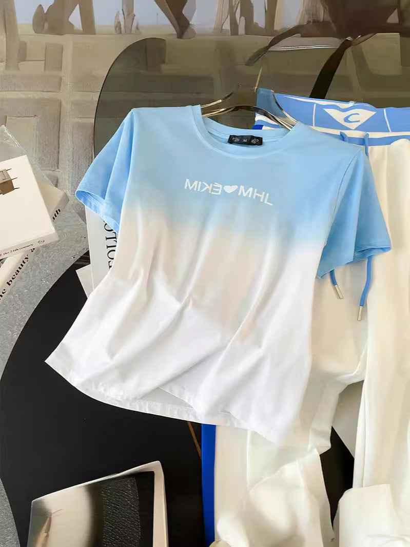 Sports Leisure suit Women's Street Slim-fit Short T-shirt Women's Fashion Color-contrast High-end Atmospheric Elegant Wide-leg Pants
