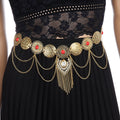 European and American Sexy Waist Decoration Ethnic Style Inlaid Turquoise Pendant Waist Chain Bohemian Alloy Coin Tassel Body Chain