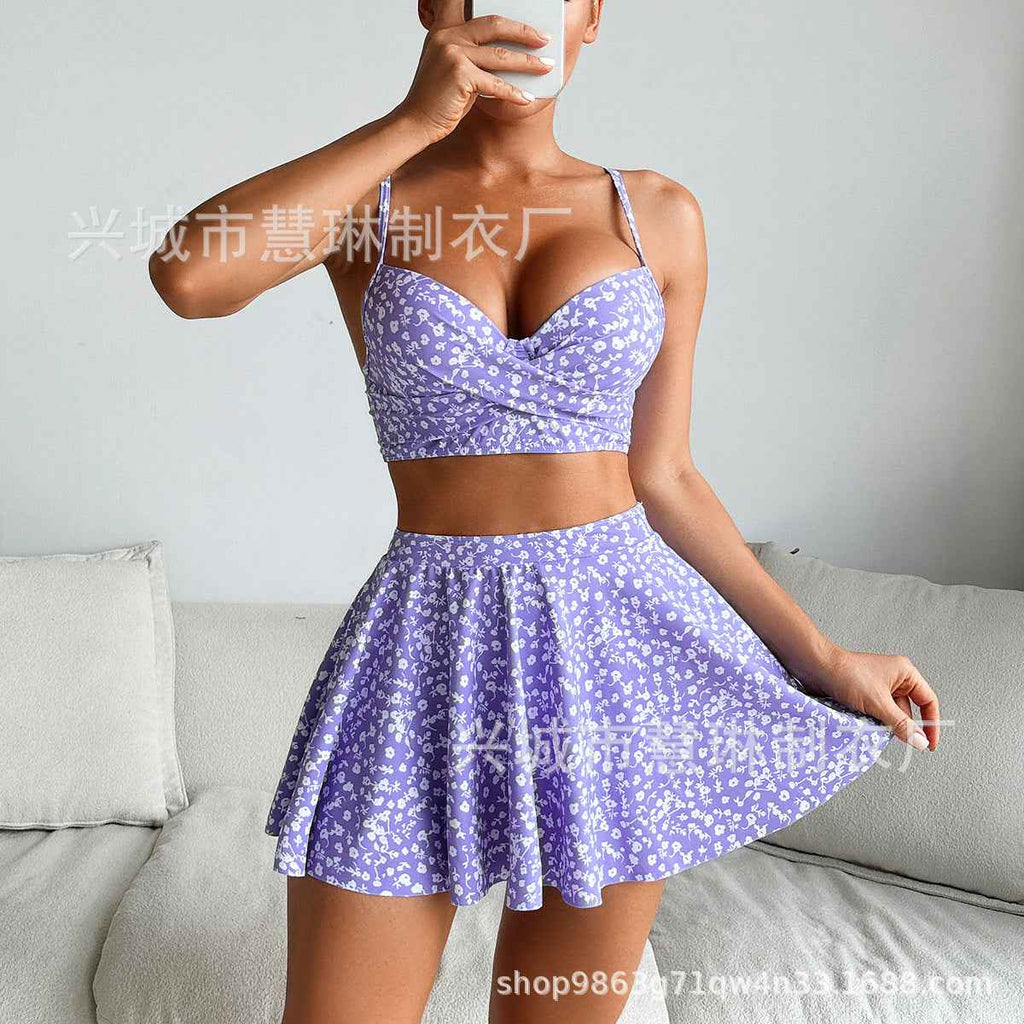 2026 New European and American Style Printed Skirt-Style Three-Piece Bikini Swimsuit Cross-Border Amazon Hot Spring Bikini for Women
