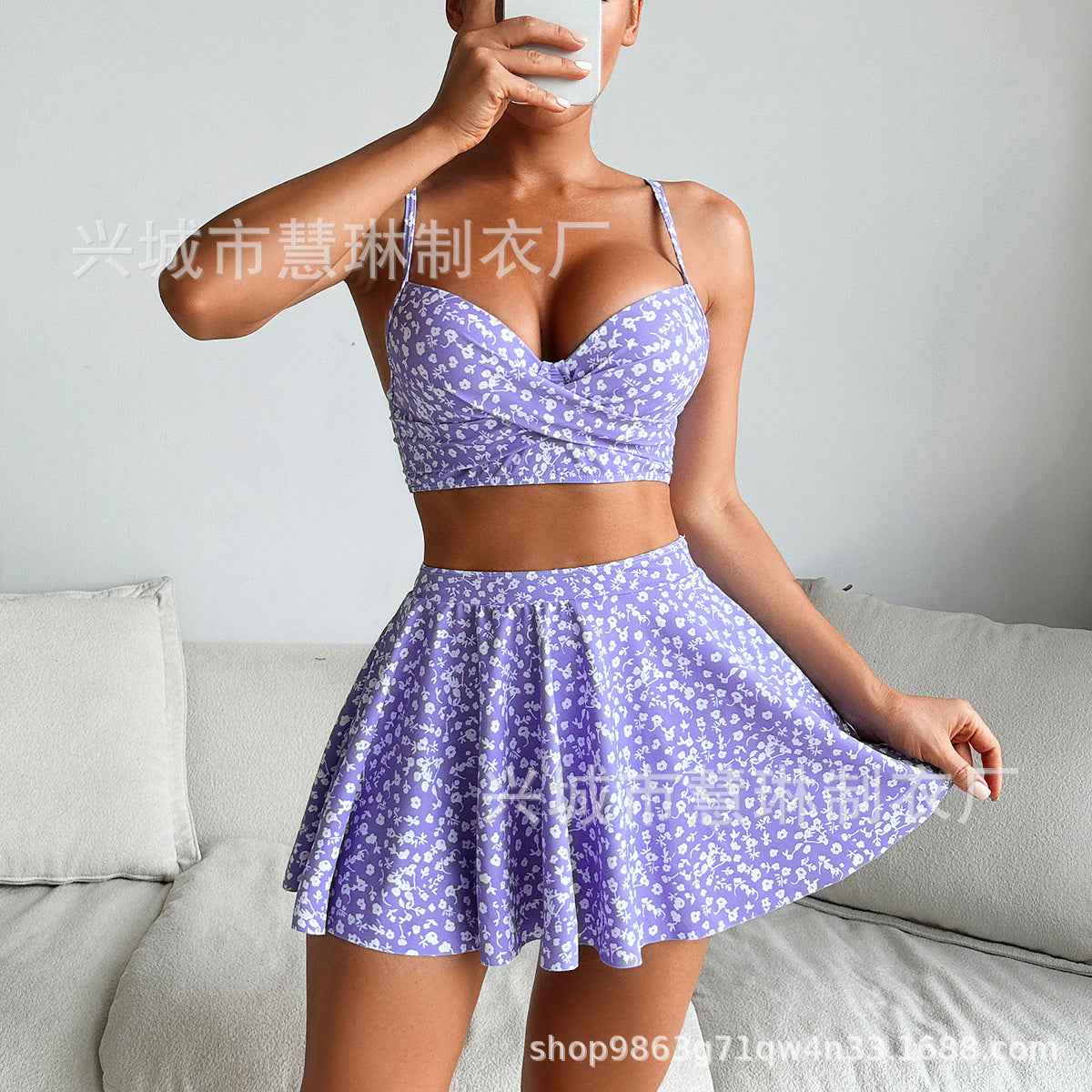 2026 New European and American Style Printed Skirt-Style Three-Piece Bikini Swimsuit Cross-Border Amazon Hot Spring Bikini for Women