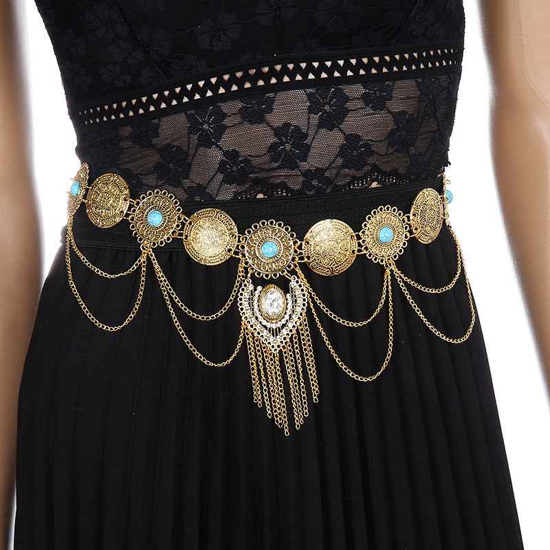 European and American Sexy Waist Decoration Ethnic Style Inlaid Turquoise Pendant Waist Chain Bohemian Alloy Coin Tassel Body Chain