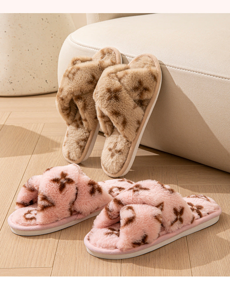 Four-leaf clover cross-opening cross-border foreign trade open-toe women's slippers autumn and winter four seasons open-ended slippers imitation rabbit hair