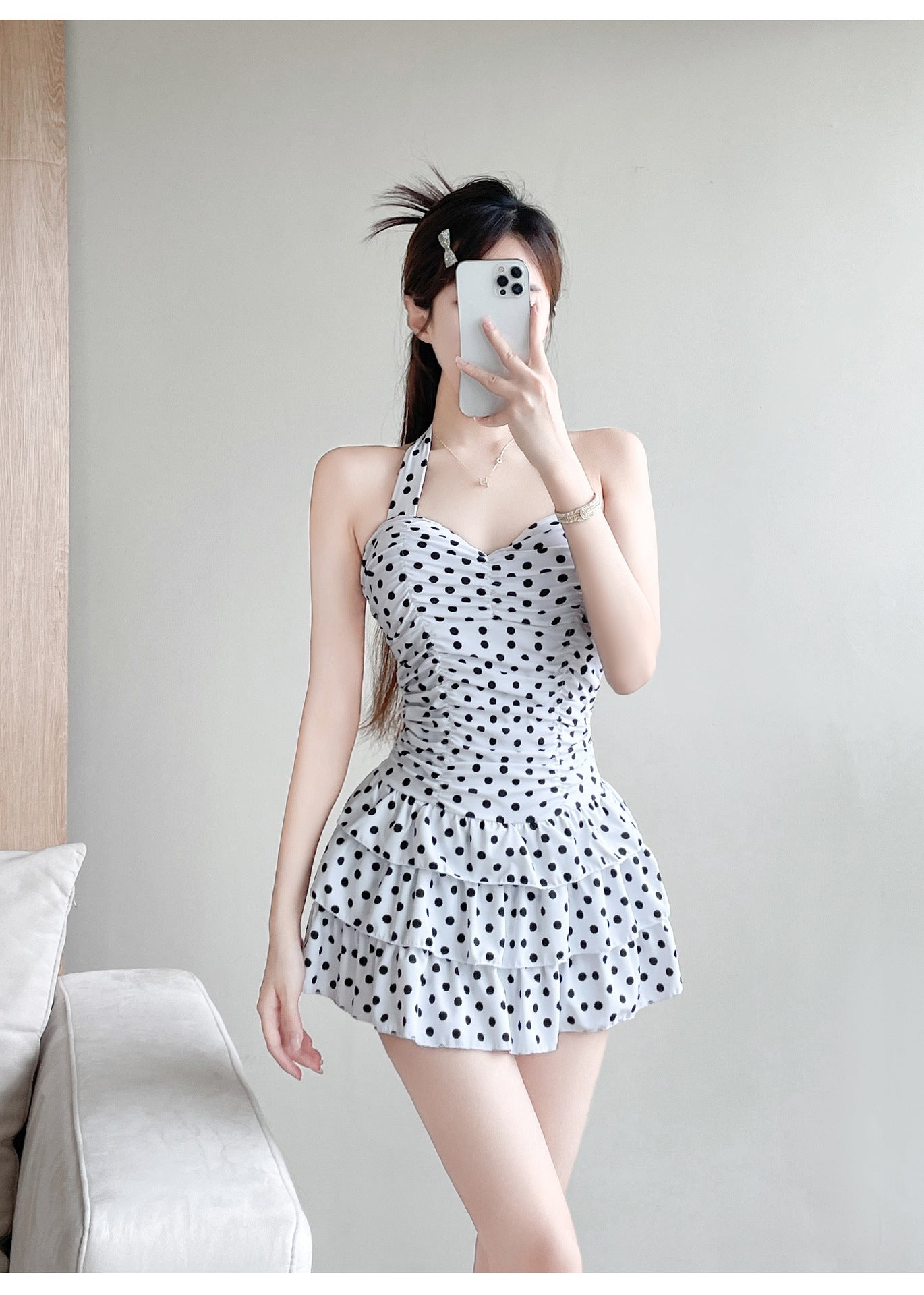 2025 New One-Piece Skirt Style Polka Dot Slightly Fat Girls Swimsuit Female Conservative Slimming Flesh Sexy Big Breast Gathering