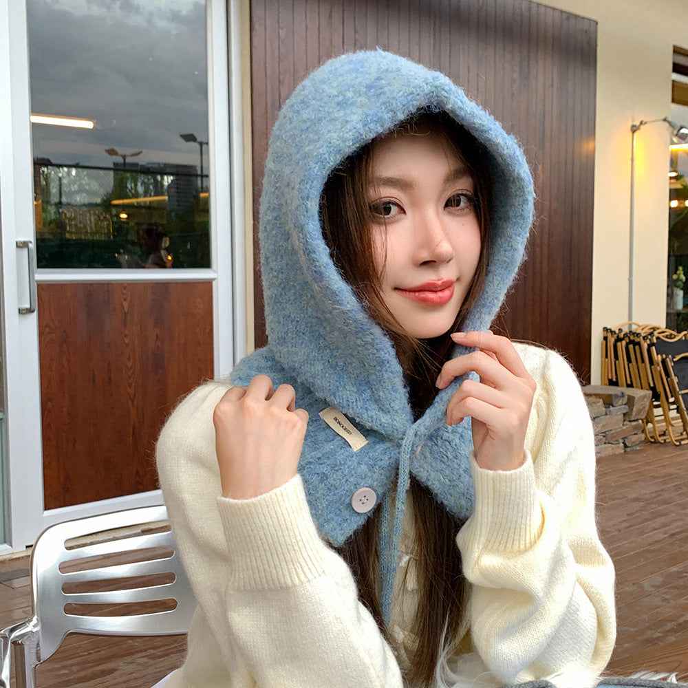 Balaclava Hat New Women's Winter Face-Show Small Ear Protection Neck Integrated Warm Knitted Roll Wool Hat