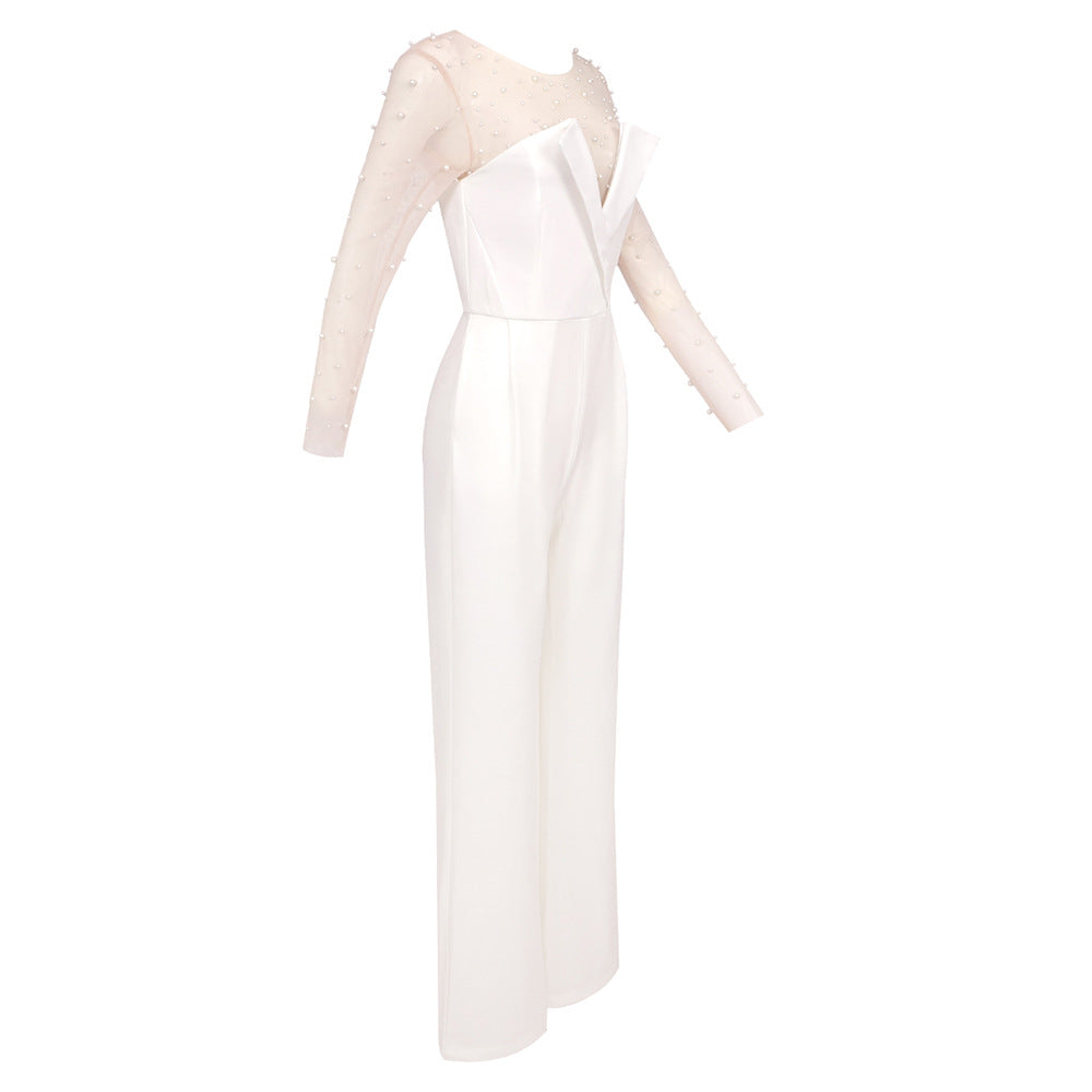 In Stock | White Bubble Bead Jumpsuit, Fashionable Casual Two-Piece Set, High-End European and American Women's Clothing, European and American Style.