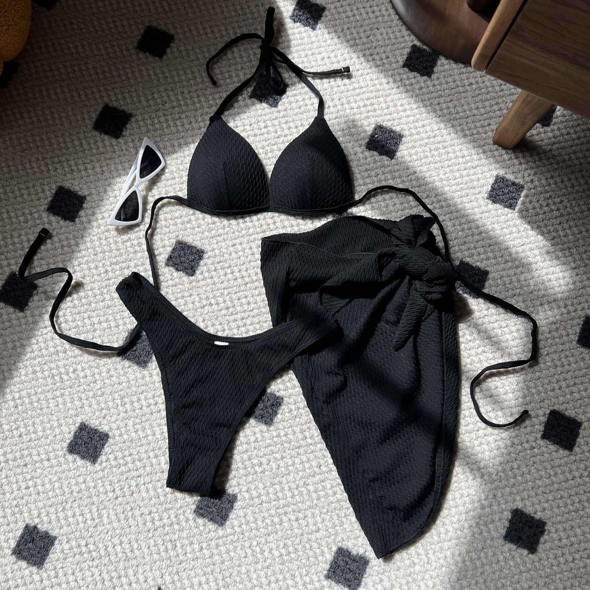 2025 European and American New Special Fabric High-Waist Sexy Sexy Swimsuit Bikini Three-Piece Swimsuit Swimsuit Cross