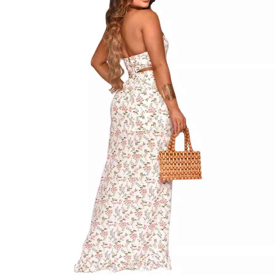 Amazon European and American Women's Cross-border Source Printing Two-piece Sexy Pleated Ruffled dress