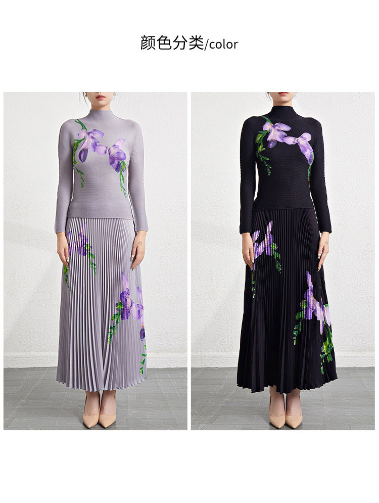 Retro Pleated Fashion Floral Suit Autumn and Winter New Miyake Elastic Top Waist Design Skirt Two-Piece Set