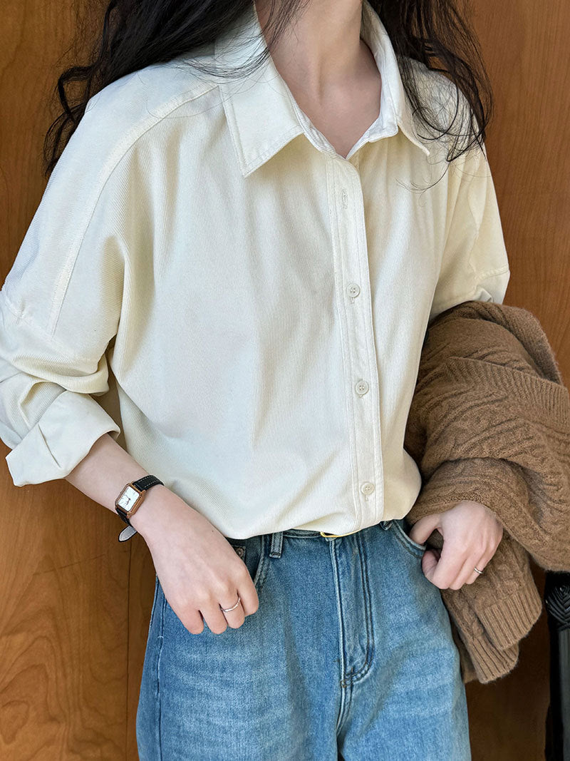 Lushi Japanese-Style Minimalist Thickened Brushed Corduroy Shirt for Women 2025 Autumn Inner Layering Base Shirt 3378