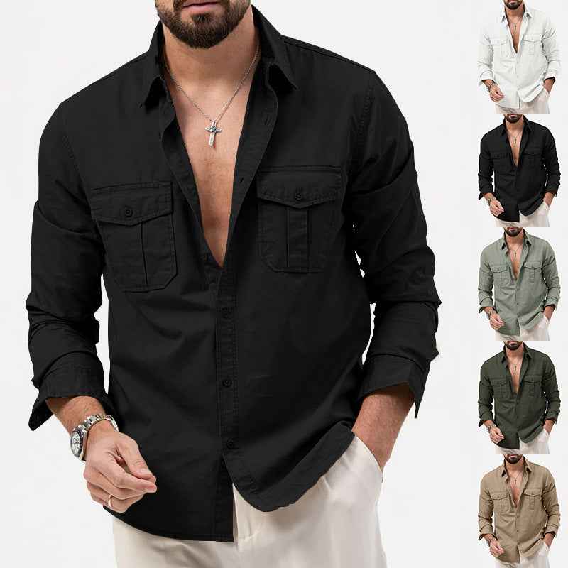 2025 New Men's Shirts Cross-Border Export Aliexpress Independent Station European and American Multi-Flap Pocket Pants Casual Long-Sleeved Tops for Men