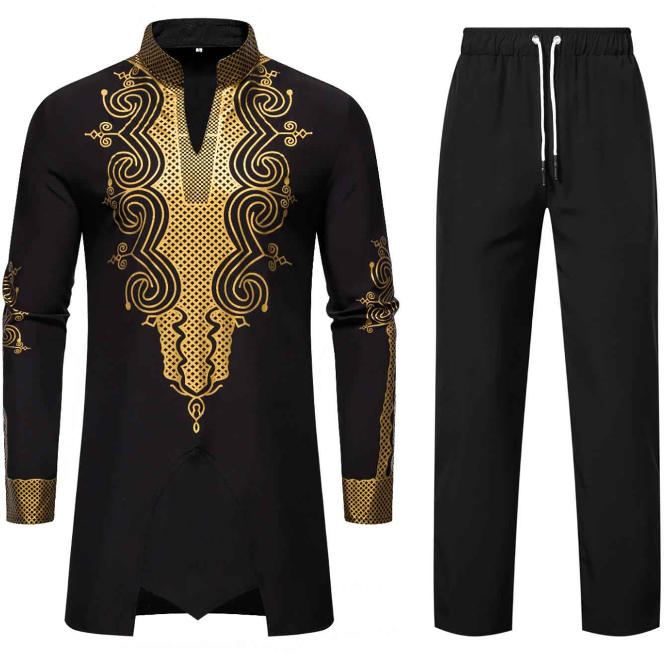 Cross-Border European and American Men's Fashion New Style Robe with Gold Stamping Print Men's Casual Suit Long-Sleeve Shirt and Long Pants for Men