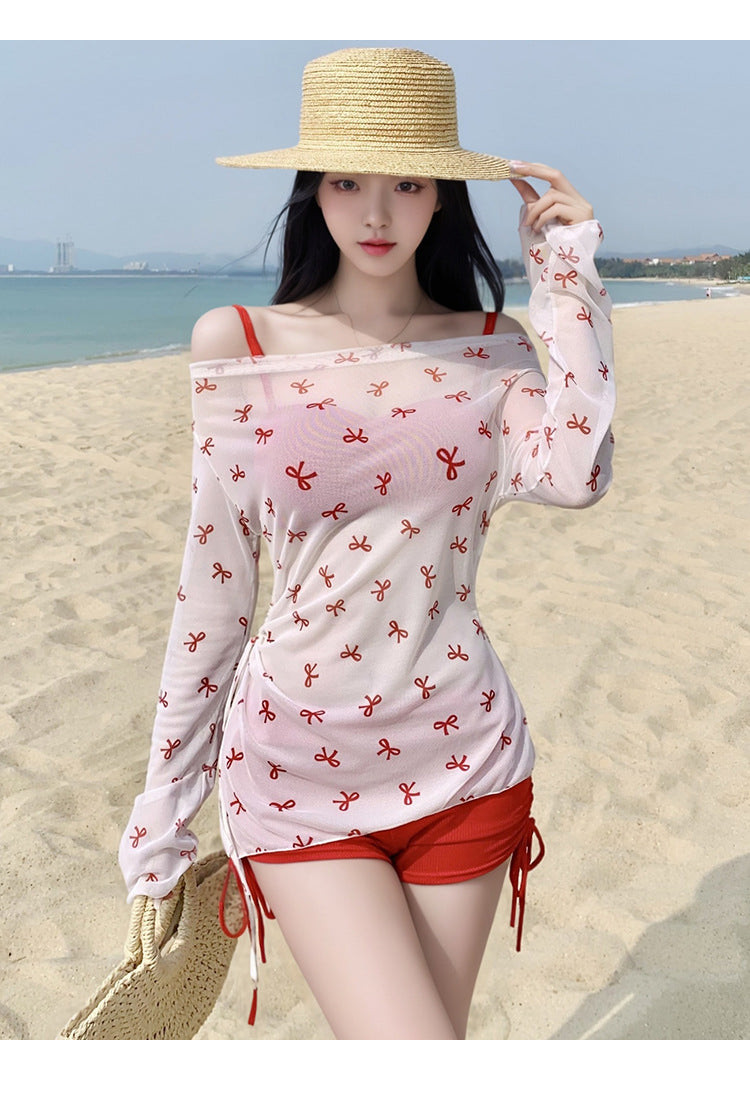2025 New Swimwear Women's Sexy Pure Desire Spice Girl Elegant Long Sleeve Hanging Neck Blouse Bikini Split Strap Gather