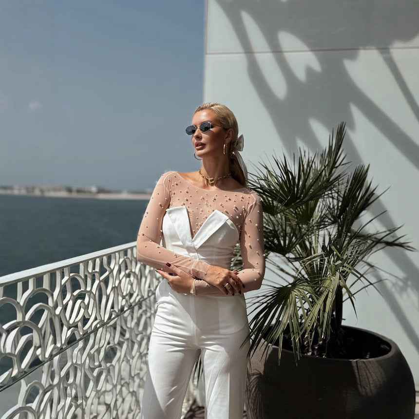 In Stock | White Bubble Bead Jumpsuit, Fashionable Casual Two-Piece Set, High-End European and American Women's Clothing, European and American Style.