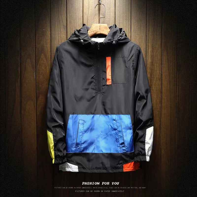 K-Style 2025 New Spring Men's Hooded Jacket Men's Color Matching Trendyy Loose Casual Pullover Baseball Uniform for Men