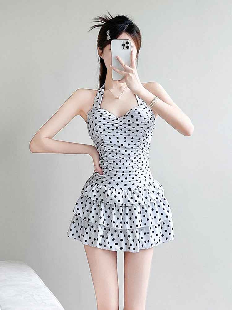 2025 New One-Piece Skirt Style Polka Dot Slightly Fat Girls Swimsuit Female Conservative Slimming Flesh Sexy Big Breast Gathering
