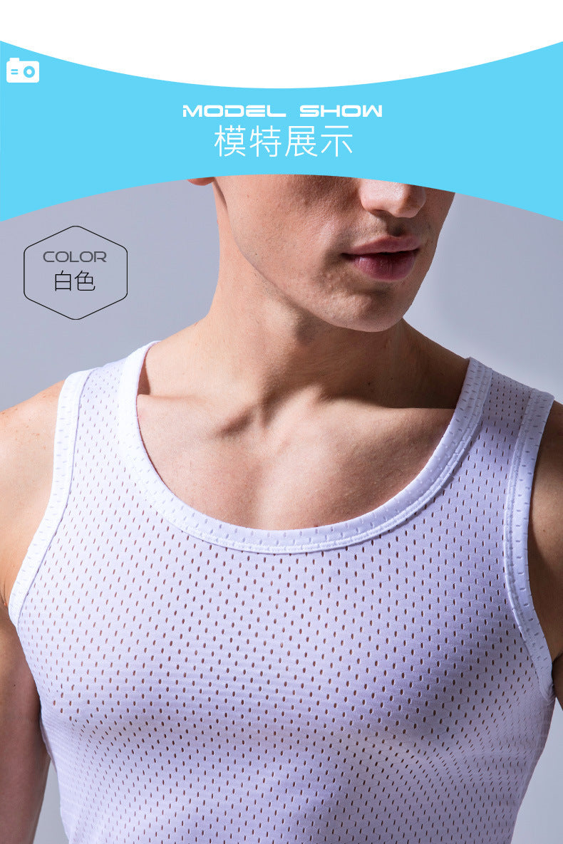 Ice Silk Mesh Vest Men's Summer Hollow Mesh Men's Sweatshirt Fitness Sports Thin Large Size Sleeveless T-shirt Trendy