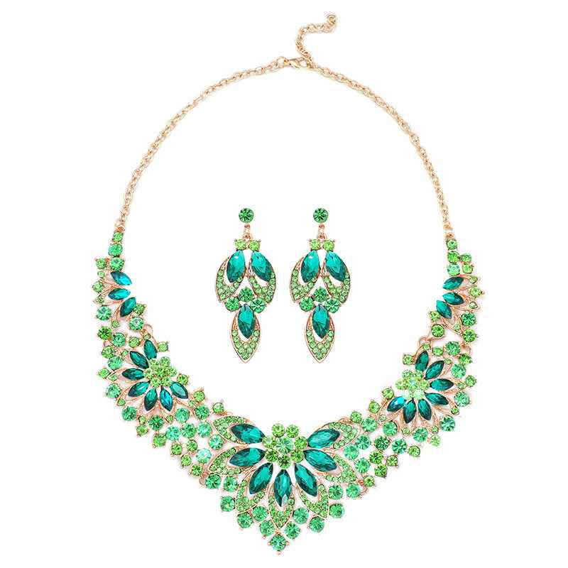 European and American cross-border retro necklace suit women's 2-Piece Set leaves flowers exaggerated luxury jewelry New Bride wedding accessories