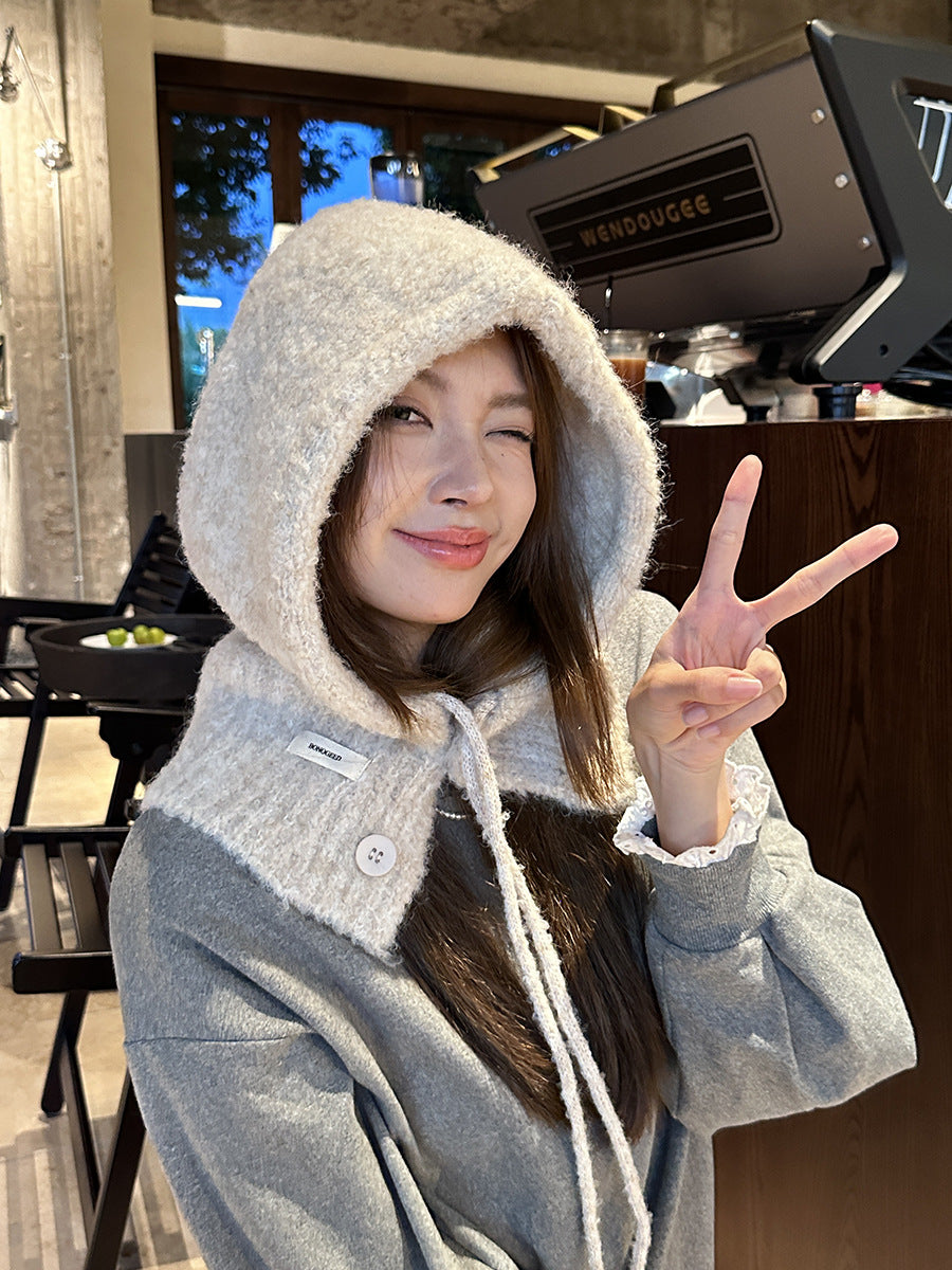 Balaclava Hat New Women's Winter Face-Show Small Ear Protection Neck Integrated Warm Knitted Roll Wool Hat
