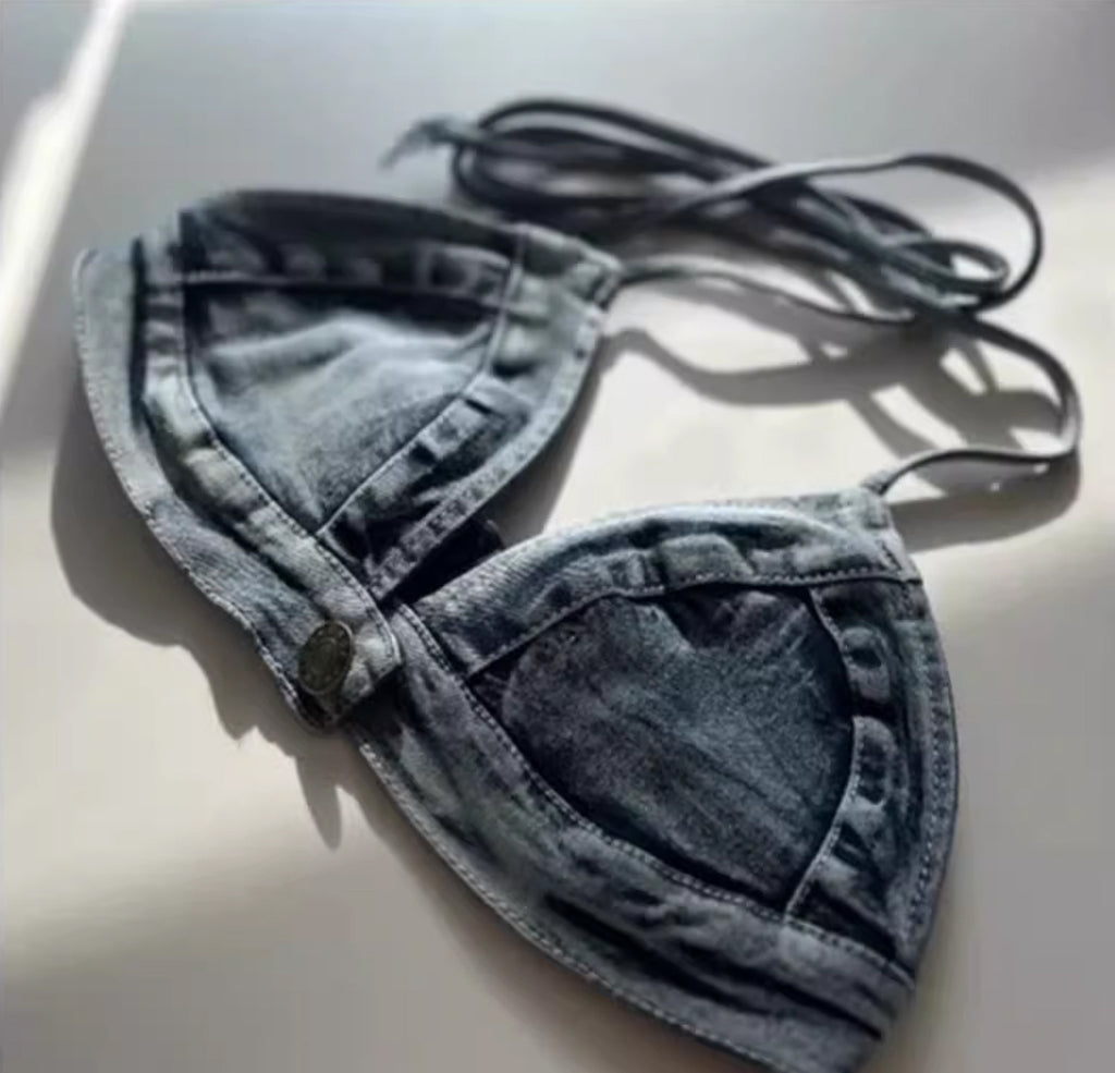 Pure Desire Style Swimsuit Women's Summer New European and American Denim Internet Celebrity Vacation Sexy Three-point Design Bikini Beach Women