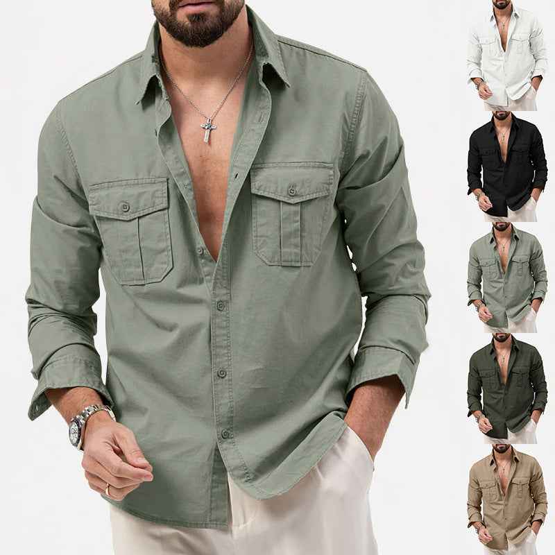 2025 New Men's Shirts Cross-Border Export Aliexpress Independent Station European and American Multi-Flap Pocket Pants Casual Long-Sleeved Tops for Men