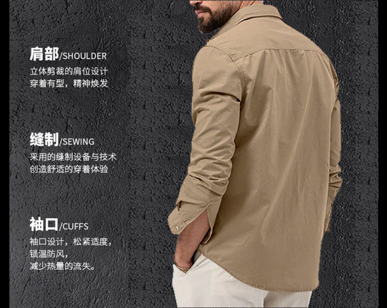 2025 New Men's Shirts Cross-Border Export Aliexpress Independent Station European and American Multi-Flap Pocket Pants Casual Long-Sleeved Tops for Men