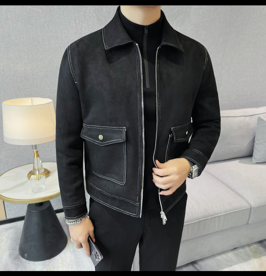 Autumn and Winter New Men's Jacket Coat Fur Fleece Large Pocket Lapel Solid Color Copper Zipper Casual Jacket Top