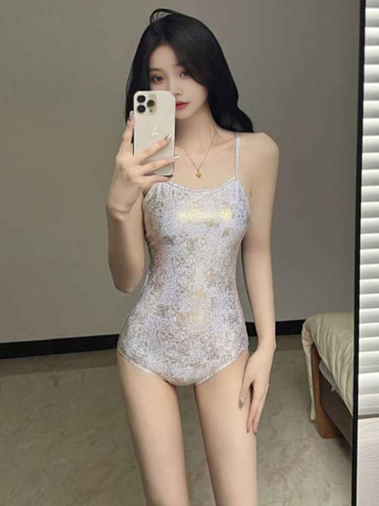 2024 new ins South Korea white moonlight girl backless belly thin professional racing triangle one-piece swimsuit women