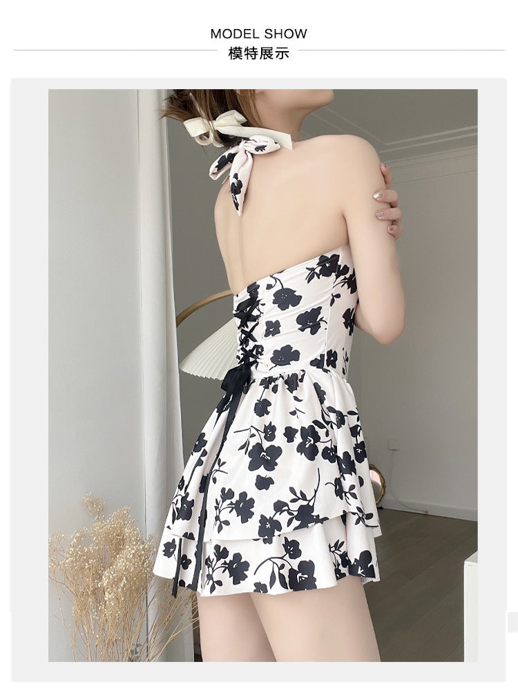 2025 New One-Piece Swimsuit Women's Black Poppy Boxer Corner Conservative Girl Strap Halter High Waist Covering Belly Hot Spring