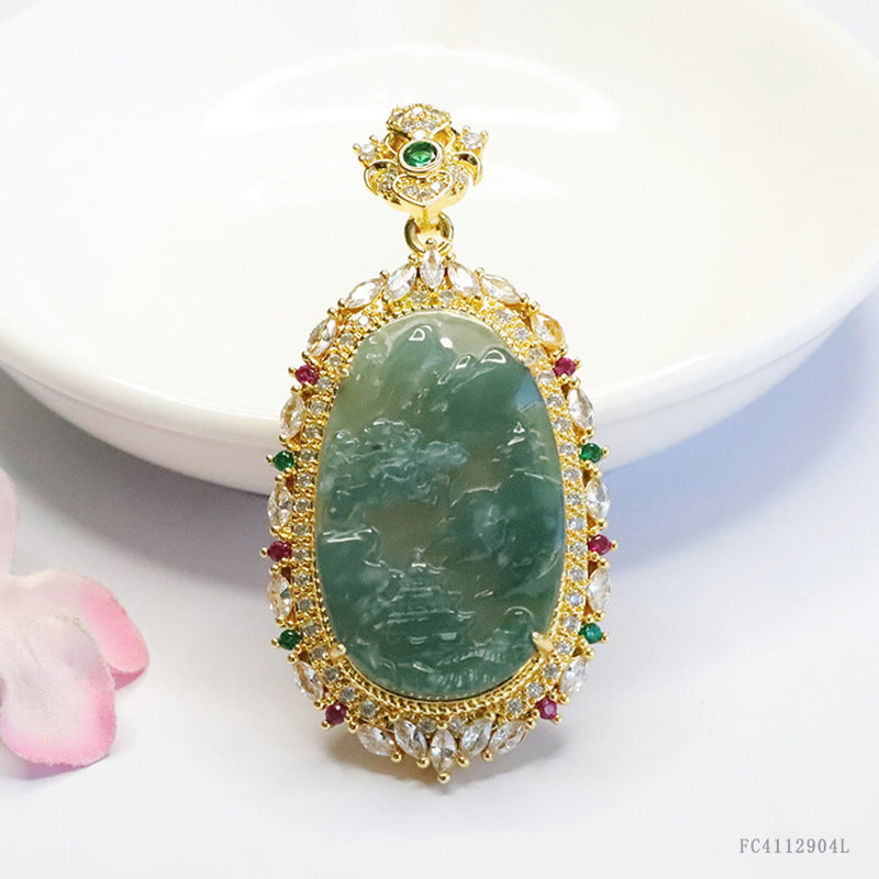 Guan Yu Natural Grade a Jadeite Blue Water Landscape Brand Inlaid Pendant Necklace Jewelry Live Streaming Kuaishou S4112904L