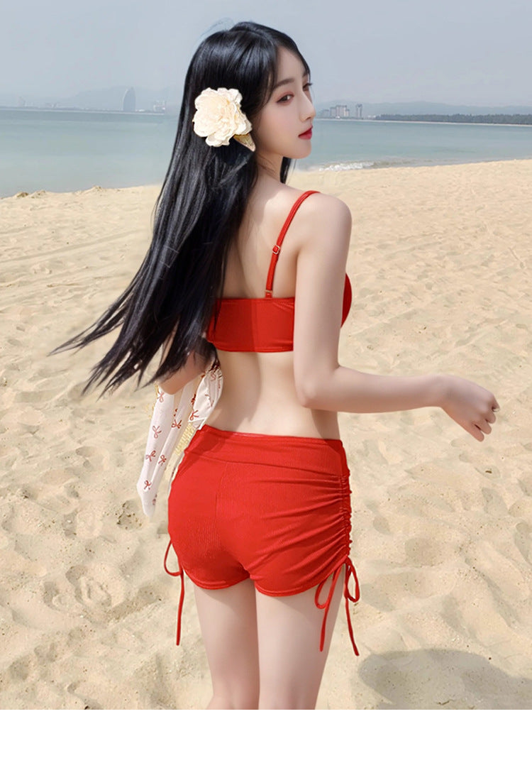2025 New Swimwear Women's Sexy Pure Desire Spice Girl Elegant Long Sleeve Hanging Neck Blouse Bikini Split Strap Gather