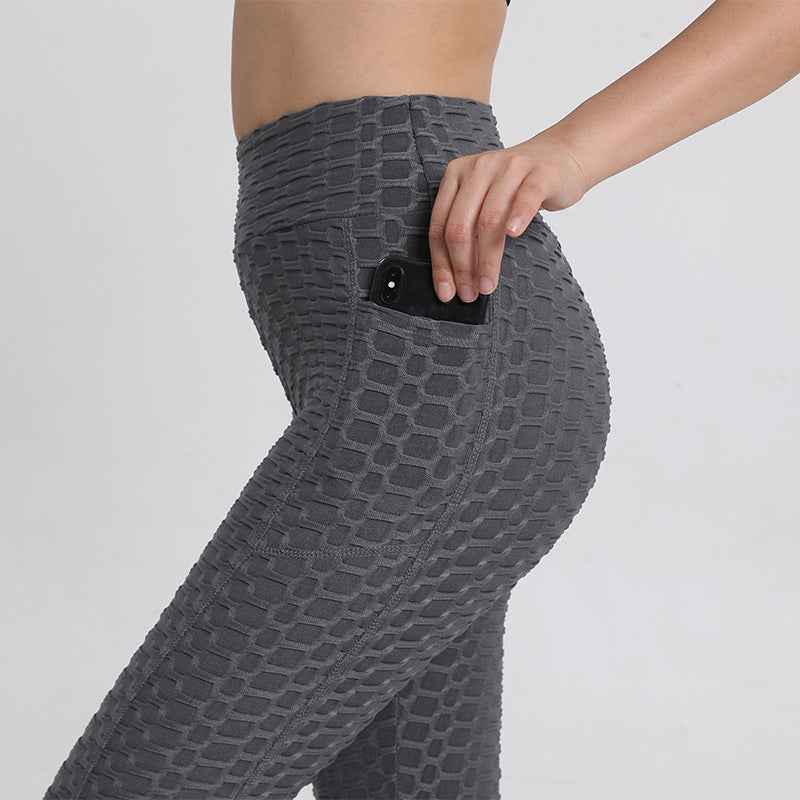 Amazon European and American Leggings Peach Fitness Pants High Waist Hip Leggings Pocket Jacquard Bubble Yoga Pants